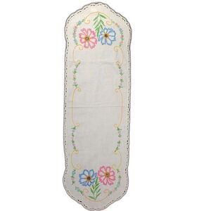 Estate Vintage Hand Embroidered Table Runner Cottagecore Floral Scalloped Edge